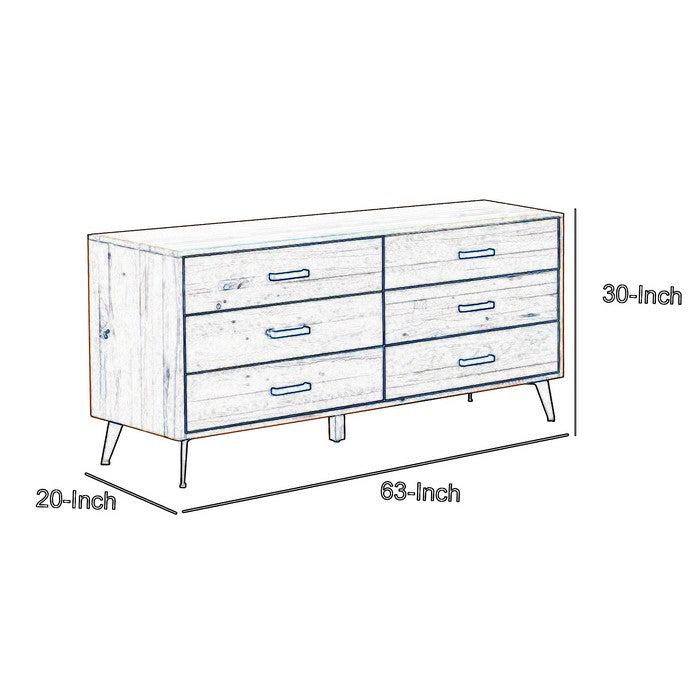 6 Double Dresser with Metal Handles and Slanted Legs, Brown