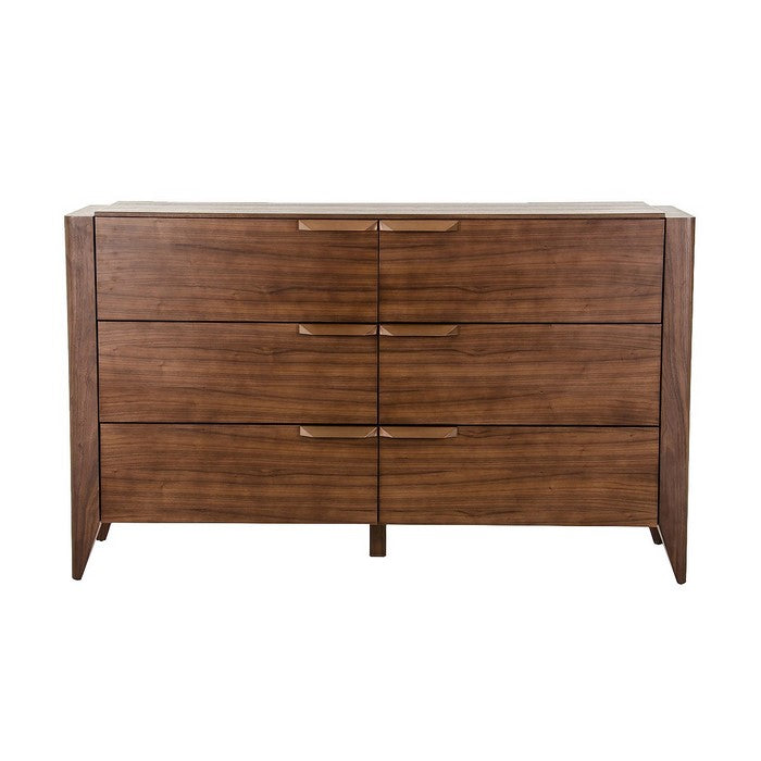 6 Drawer Modern Dresser with Corner Metal Pulls and Chamfered Legs, Brown