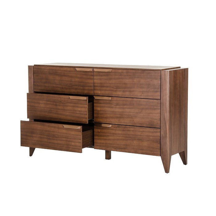 6 Drawer Modern Dresser with Corner Metal Pulls and Chamfered Legs, Brown
