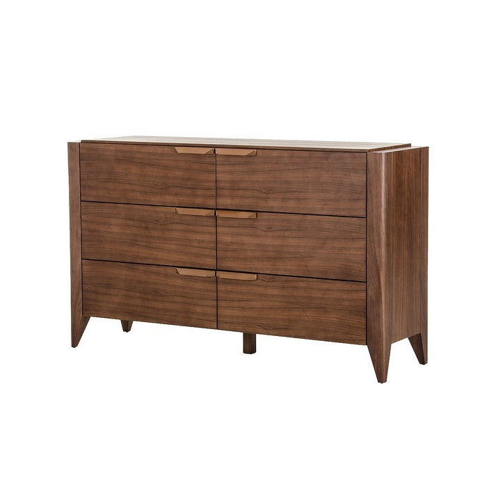 6 Drawer Modern Dresser with Corner Metal Pulls and Chamfered Legs, Brown