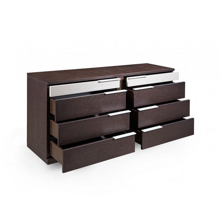 8 Drawer Modern Dresser with Corner Bar Handles, Brown and White