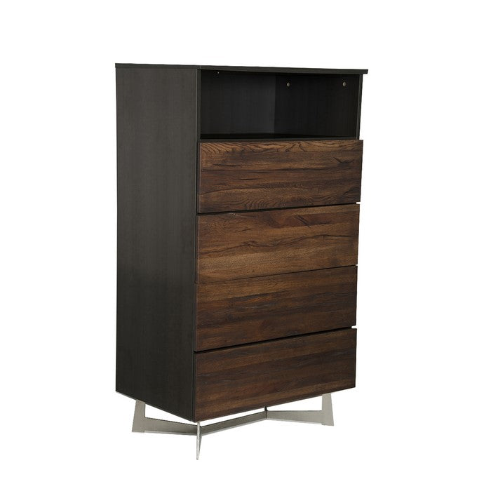 4 Drawer Modern Wooden Chest with Open Shelf Compartment, Brown