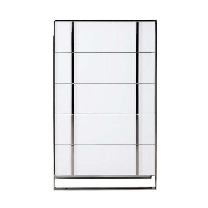 5 Drawer Vertical Chest with Metal Sled Base, White and Silver