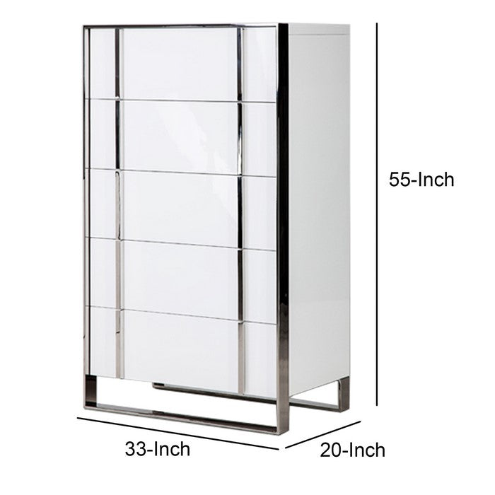 5 Drawer Vertical Chest with Metal Sled Base, White and Silver