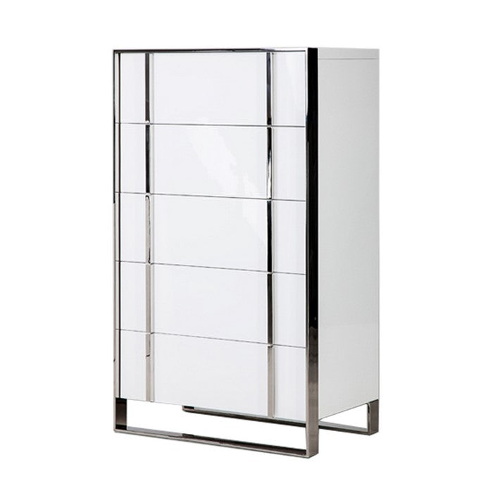 5 Drawer Vertical Chest with Metal Sled Base, White and Silver