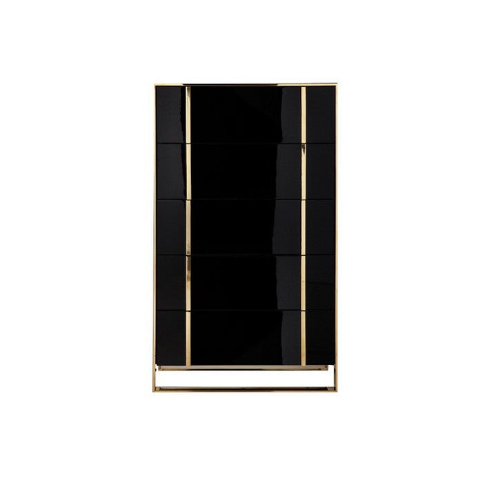 5 Drawer Vertical Chest with Metal Sled Base, Black and Gold