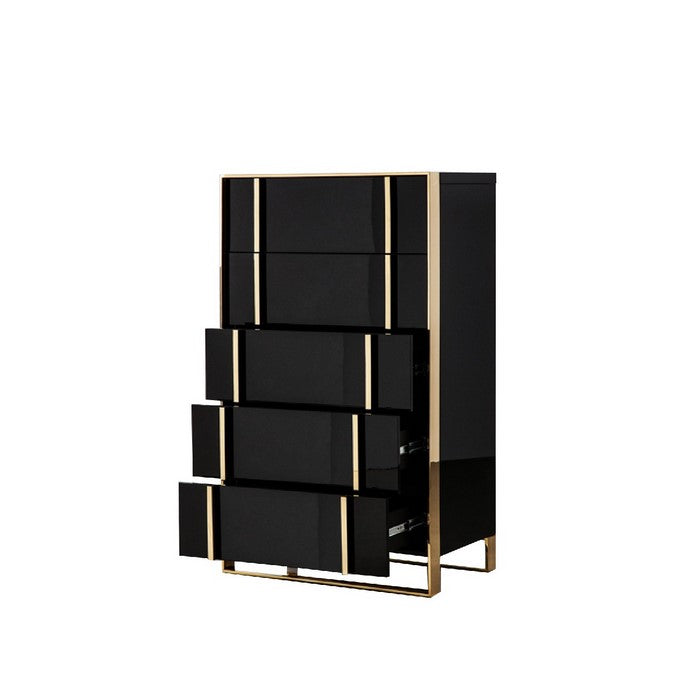 5 Drawer Vertical Chest with Metal Sled Base, Black and Gold