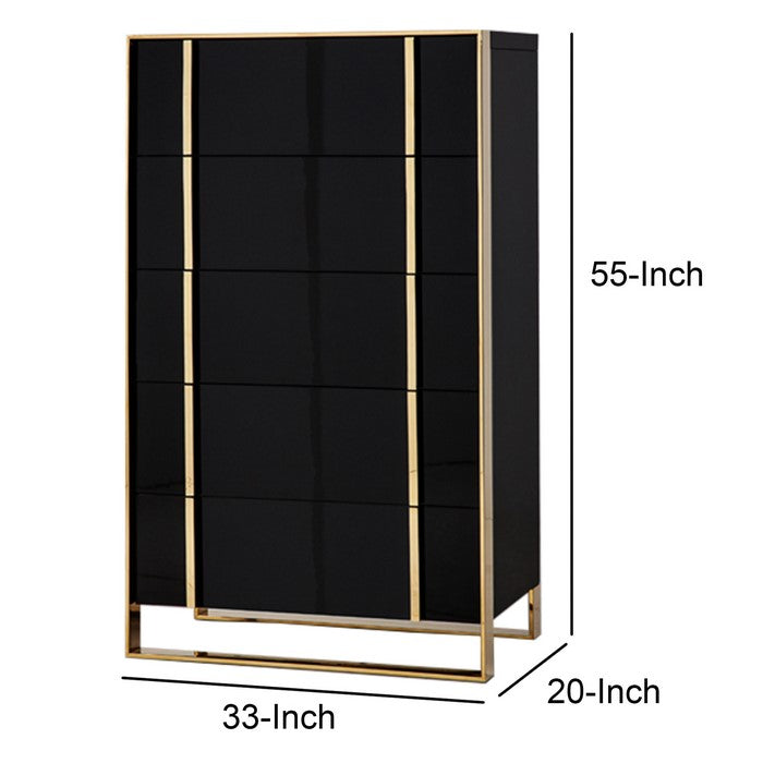 5 Drawer Vertical Chest with Metal Sled Base, Black and Gold
