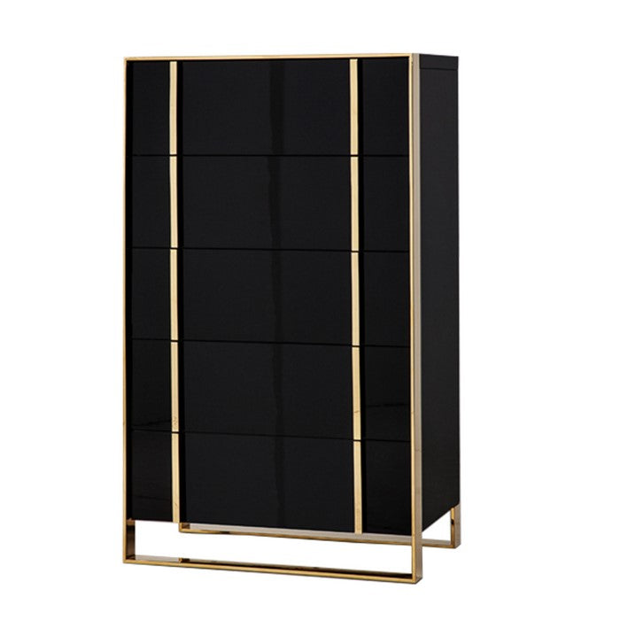 5 Drawer Vertical Chest with Metal Sled Base, Black and Gold