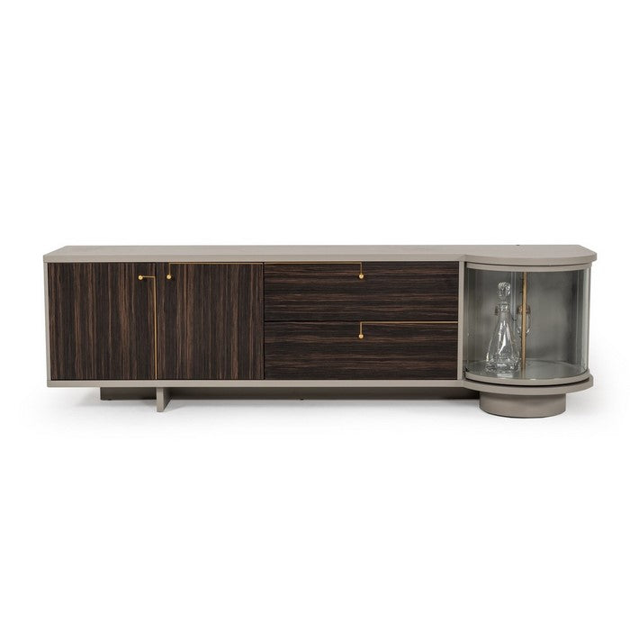 Wooden TV Stand with Storage Space and Glass Revolving Door, Gray and Brown