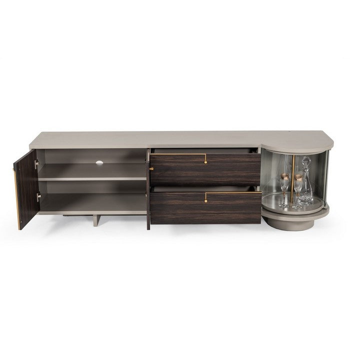 Wooden TV Stand with Storage Space and Glass Revolving Door, Gray and Brown