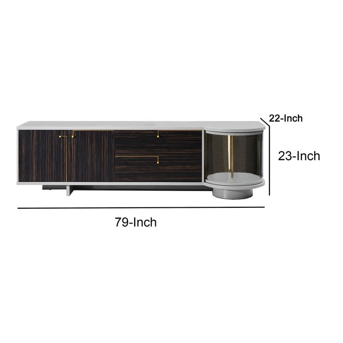 Wooden TV Stand with Storage Space and Glass Revolving Door, Gray and Brown