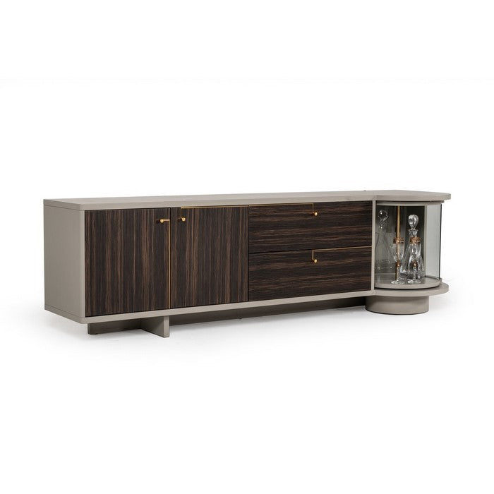 Wooden TV Stand with Storage Space and Glass Revolving Door, Gray and Brown