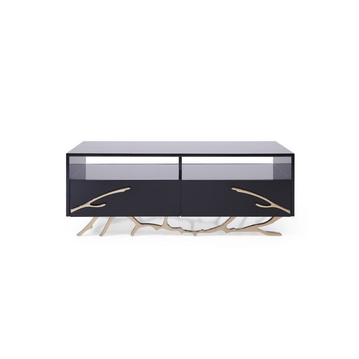 2 Drawer Wooden Coffee Table with Metal Legs and Accents, Black and Gold