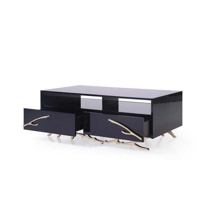 2 Drawer Wooden Coffee Table with Metal Legs and Accents, Black and Gold
