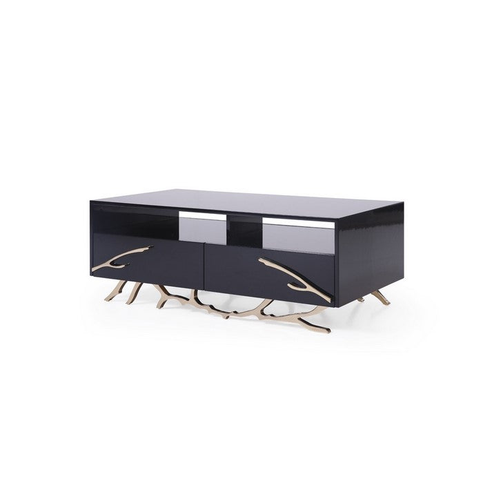 2 Drawer Wooden Coffee Table with Metal Legs and Accents, Black and Gold
