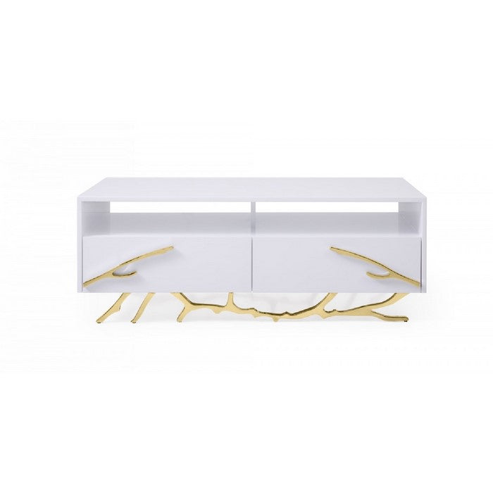 2 Drawer Wooden Coffee Table with Metal Legs and Accents, White and Gold