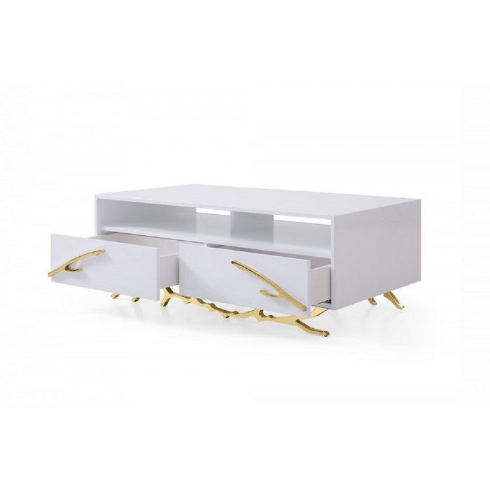 2 Drawer Wooden Coffee Table with Metal Legs and Accents, White and Gold