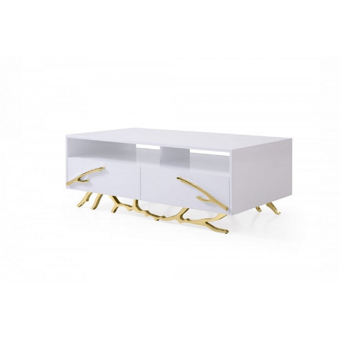 2 Drawer Wooden Coffee Table with Metal Legs and Accents, White and Gold