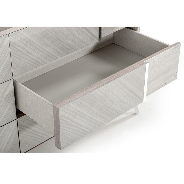 6 Drawer Wooden Dresser with Slanted Metal Legs, Gray and Silver