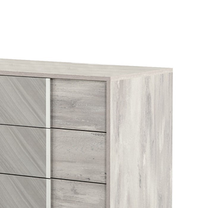 6 Drawer Wooden Dresser with Slanted Metal Legs, Gray and Silver