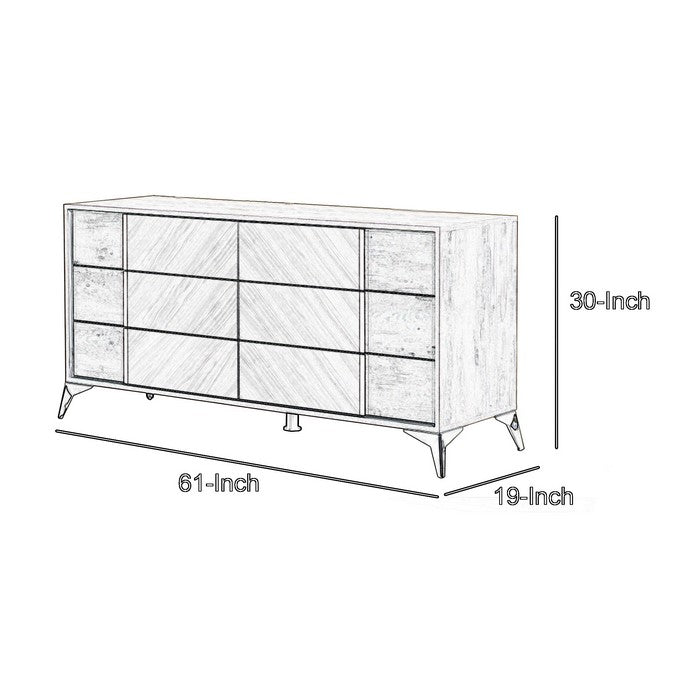 6 Drawer Wooden Dresser with Slanted Metal Legs, Gray and Silver