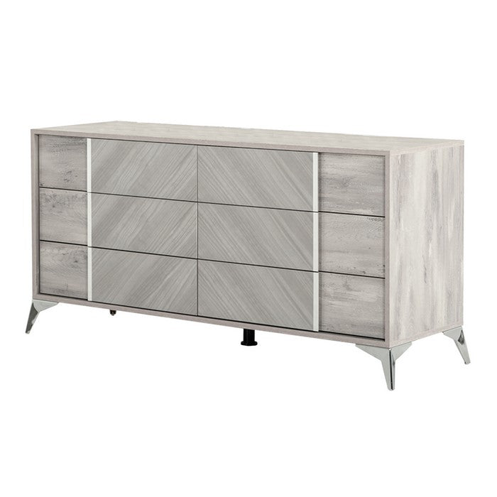 6 Drawer Wooden Dresser with Slanted Metal Legs, Gray and Silver