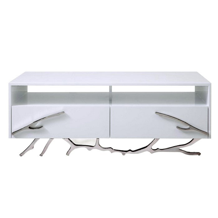 2 Drawer Wooden Coffee Table with Metal Legs and Accents, White and Silver