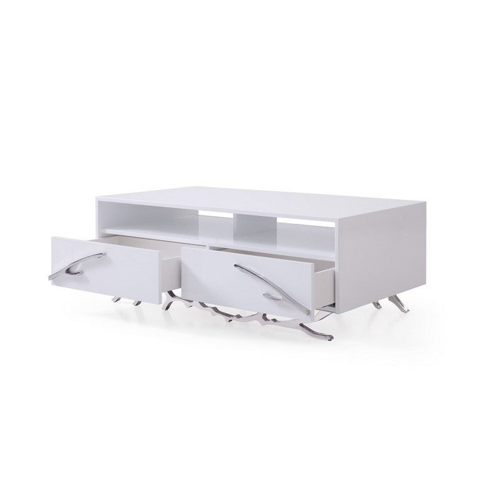 2 Drawer Wooden Coffee Table with Metal Legs and Accents, White and Silver