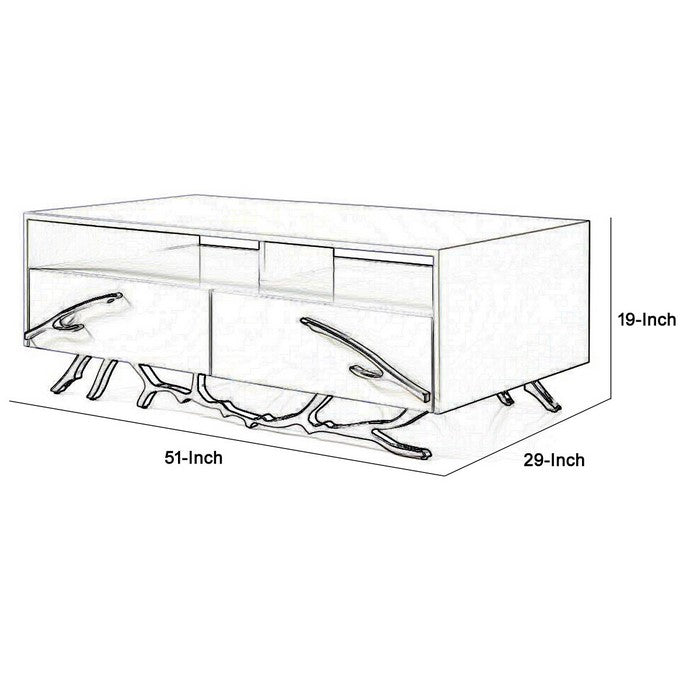 2 Drawer Wooden Coffee Table with Metal Legs and Accents, White and Silver