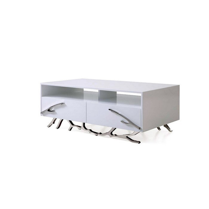 2 Drawer Wooden Coffee Table with Metal Legs and Accents, White and Silver