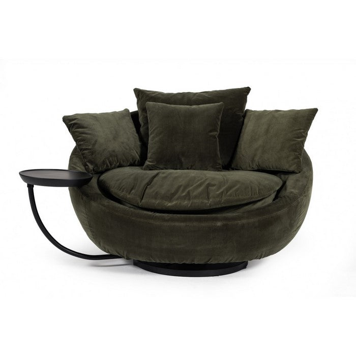 Velvet Upholstered Swivel Base Wooden Lounge Chair with Moveable Tray,Green