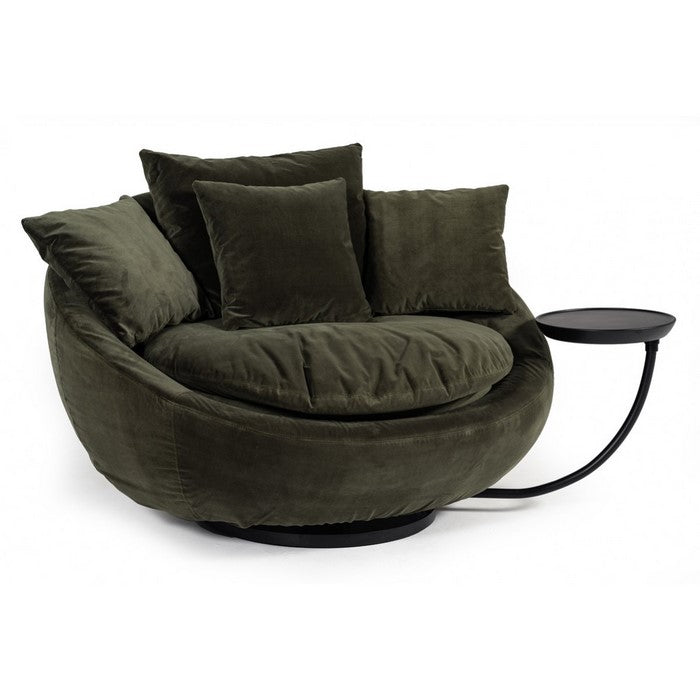 Velvet Upholstered Swivel Base Wooden Lounge Chair with Moveable Tray,Green