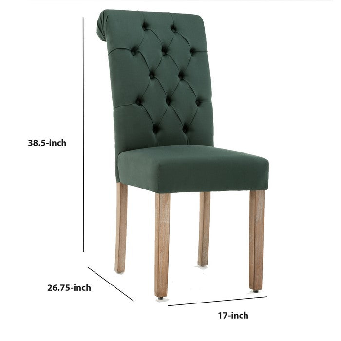 Contemporary Dining Chair with Button Tufted Scroll Back, Set of 2, Green