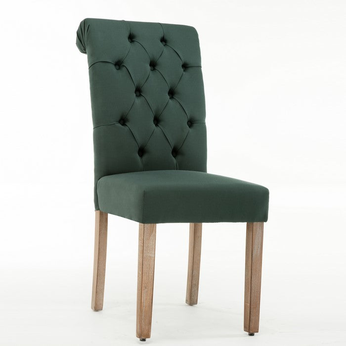 Contemporary Dining Chair with Button Tufted Scroll Back, Set of 2, Green