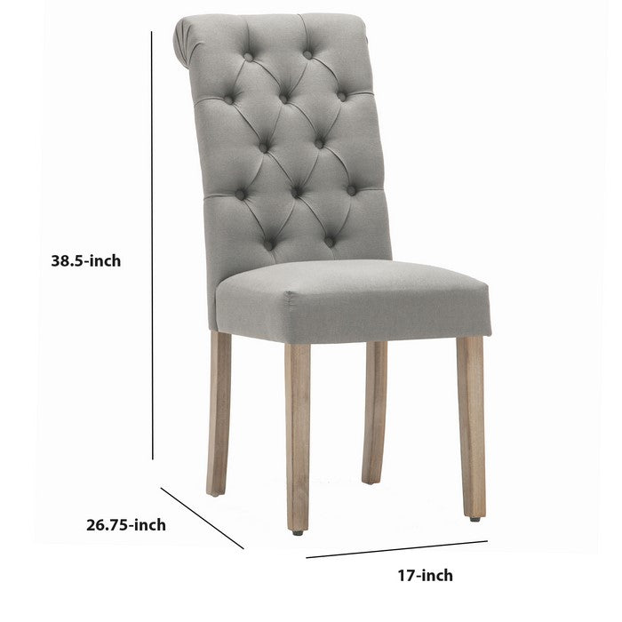 Contemporary Dining Chair with Button Tufted Scroll Back, Set of 2, Gray
