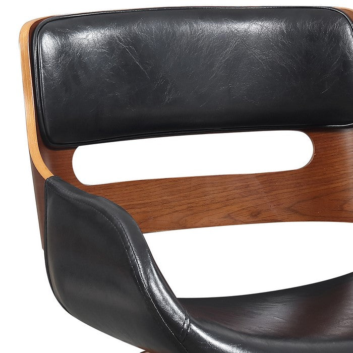 Leatherette Chair with Curved Padded Seat and Cutout Back, Black and Brown