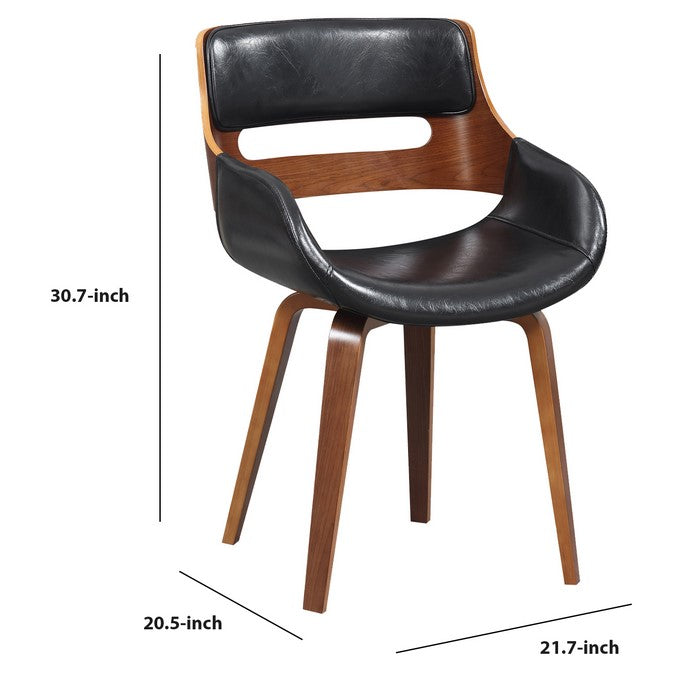 Leatherette Chair with Curved Padded Seat and Cutout Back, Black and Brown
