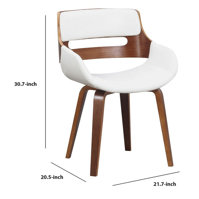 Leatherette Chair with Curved Padded Seat and Cutout Back, White and Brown