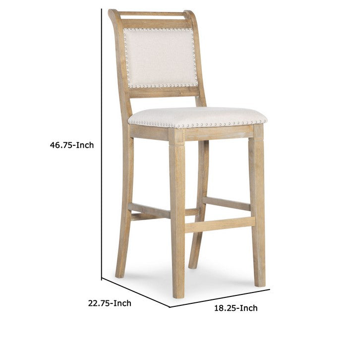Nailhead Trim Fabric Upholstered Wooden Frame Bar Stool, Beige and Brown
