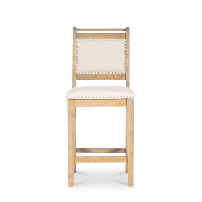 Nailhead Trim Fabric Upholstered Wooden Counter Stool, Beige and Brown