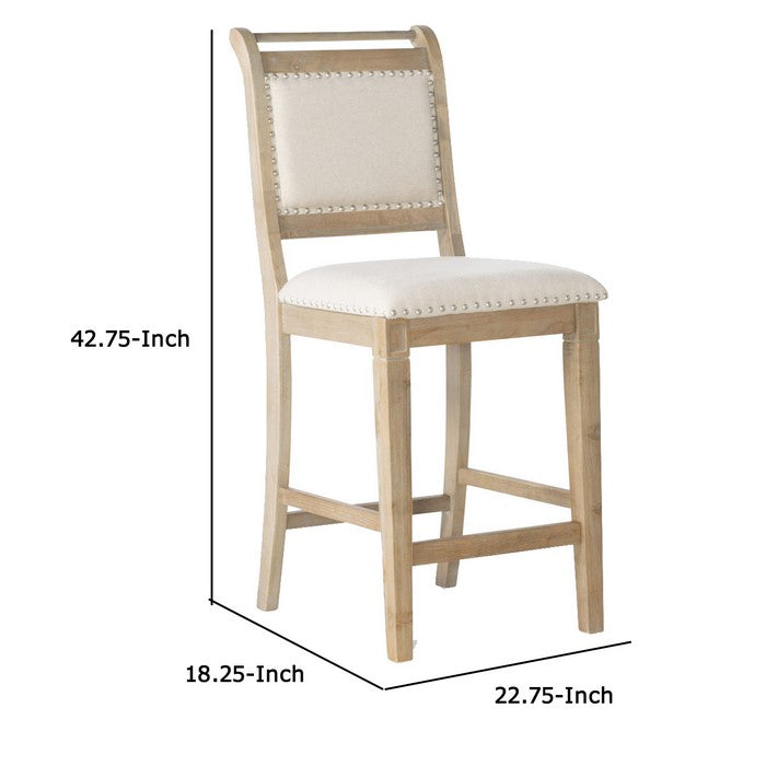 Nailhead Trim Fabric Upholstered Wooden Counter Stool, Beige and Brown