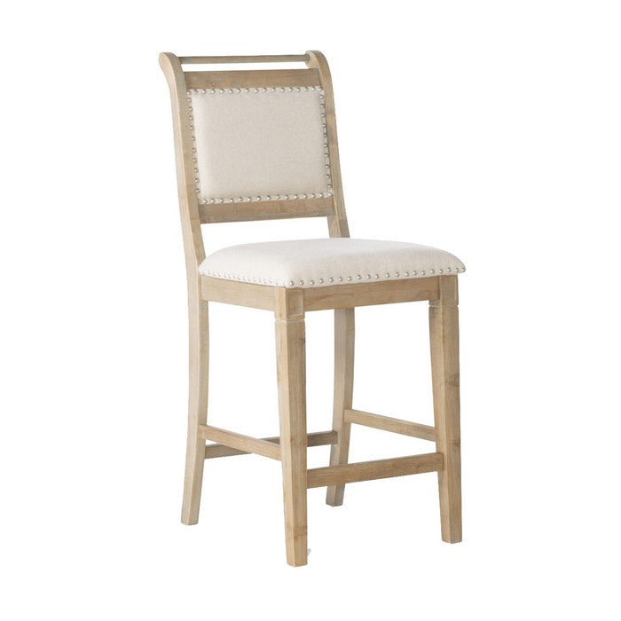 Nailhead Trim Fabric Upholstered Wooden Counter Stool, Beige and Brown
