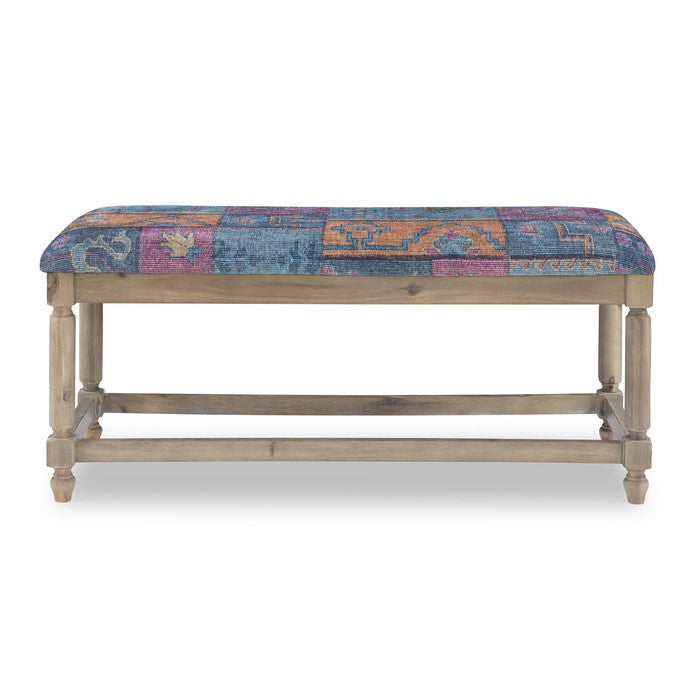 Bohemian Print Fabric Upholstered Wooden Bench with Turned Legs, Multicolor