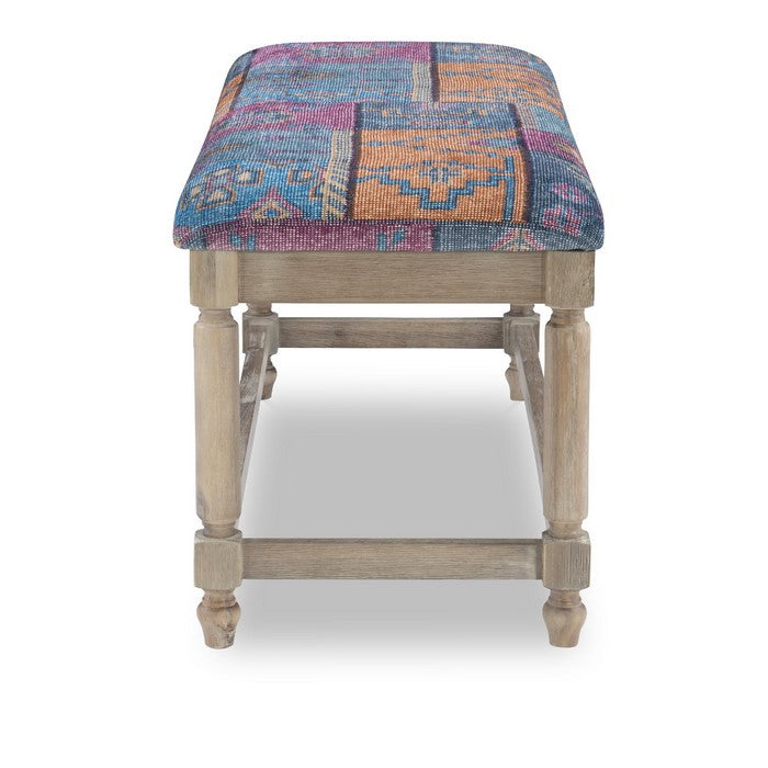 Bohemian Print Fabric Upholstered Wooden Bench with Turned Legs, Multicolor
