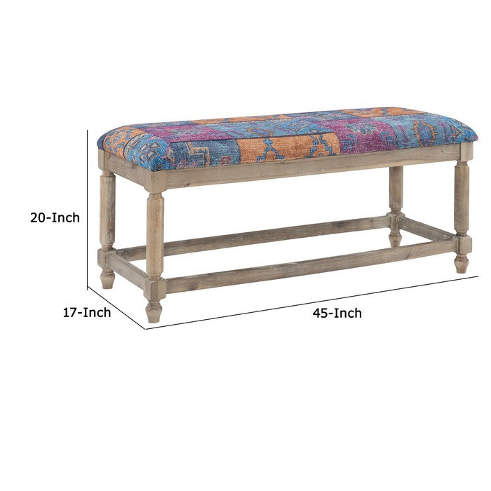 Bohemian Print Fabric Upholstered Wooden Bench with Turned Legs, Multicolor