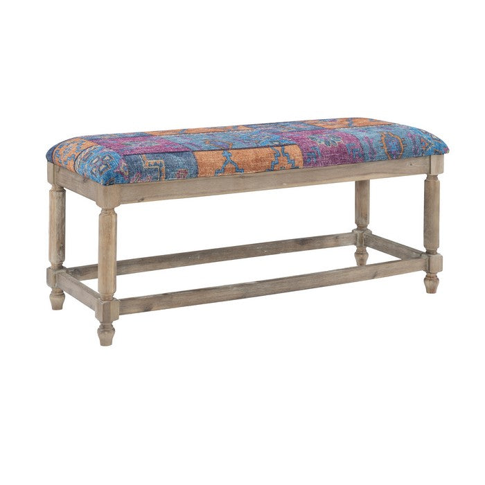 Bohemian Print Fabric Upholstered Wooden Bench with Turned Legs, Multicolor