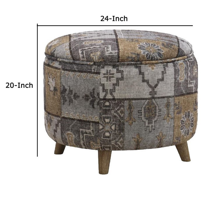 Round Fabric Upholstered Wooden Frame Storage Ottoman, Gray