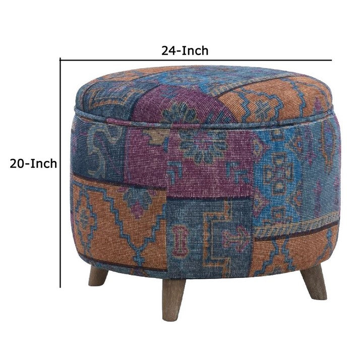 Round Fabric Upholstered Wooden Frame Storage Ottoman, Multicolor