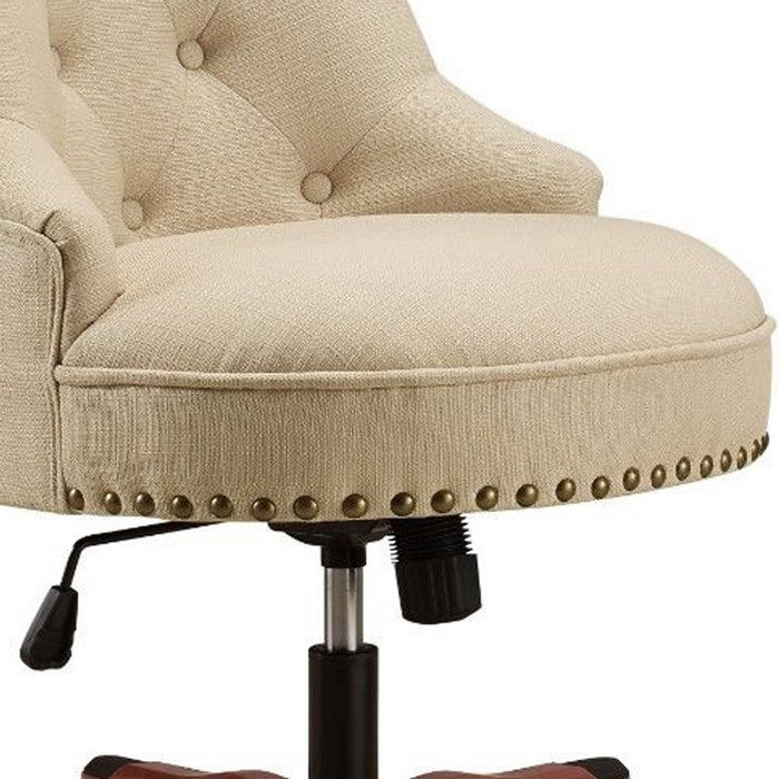 Nailhead Trim Fabric Upholstered Office Chair with Adjustable Height, Beige